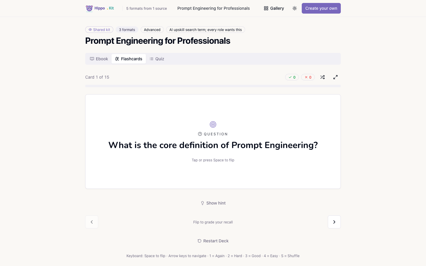 HippoKit's flashcard viewer showing a card from the "Prompt Engineering for Professionals" AI-literacy sample kit, with progress tracking and keyboard shortcuts for flip and grade