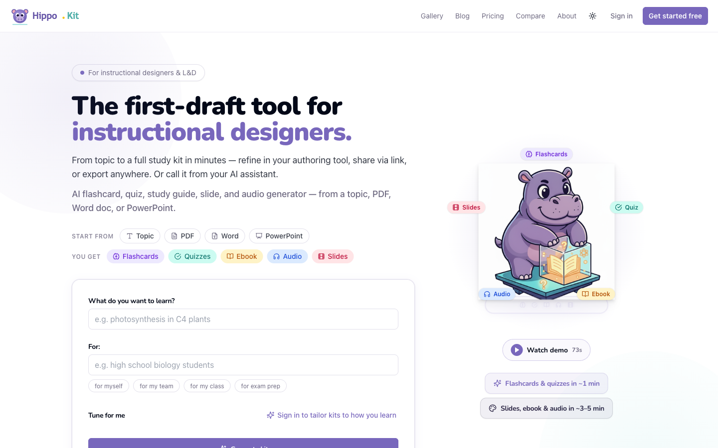 HippoKit's homepage generator form, where a topic or an uploaded PDF, Word, or PowerPoint file becomes flashcards, quizzes, an ebook, audience-themed slides, and audio