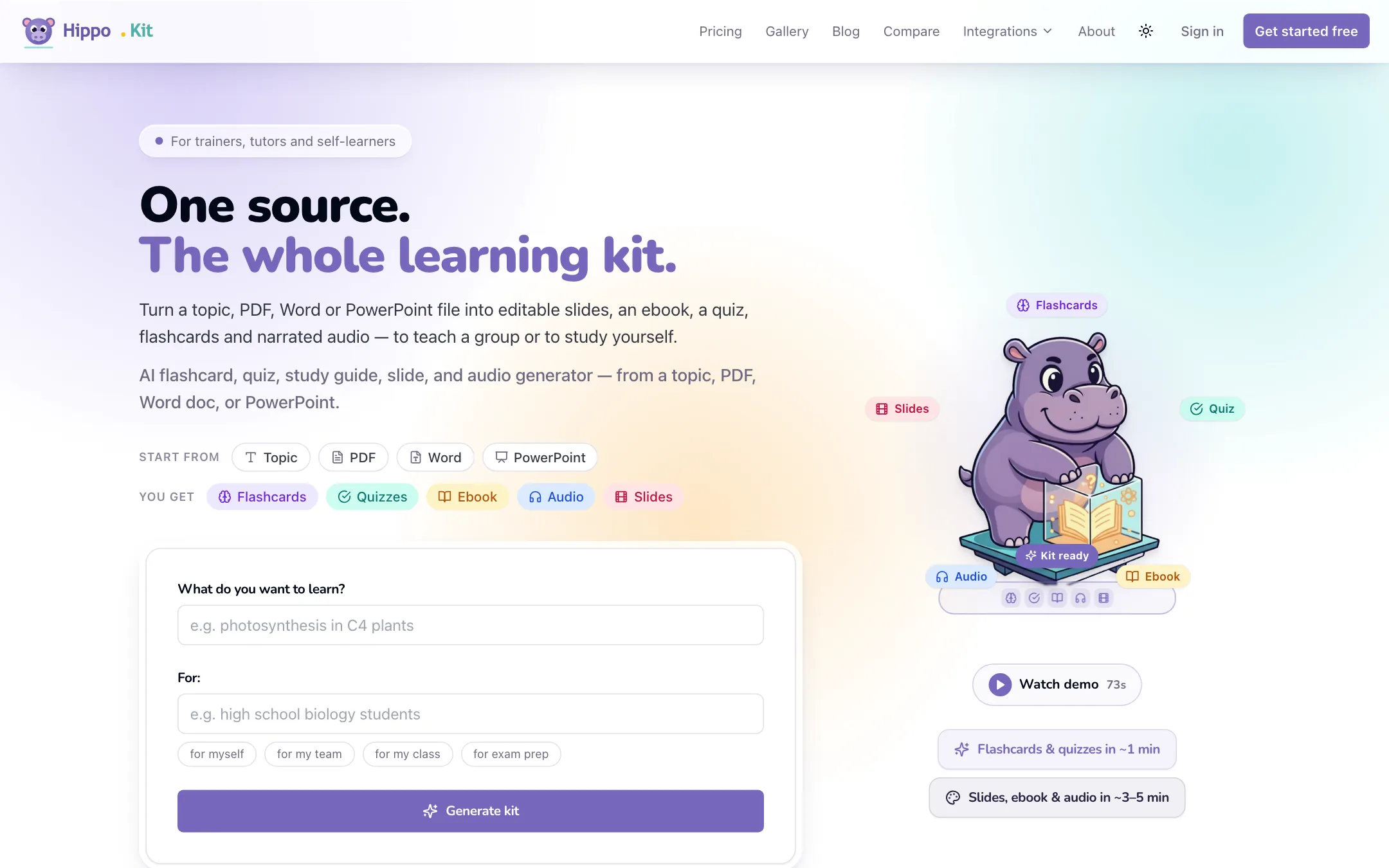 HippoKit's homepage generator form, where a topic or an uploaded PDF, Word, or PowerPoint file becomes flashcards, quizzes, an ebook, audience-themed slides, and audio