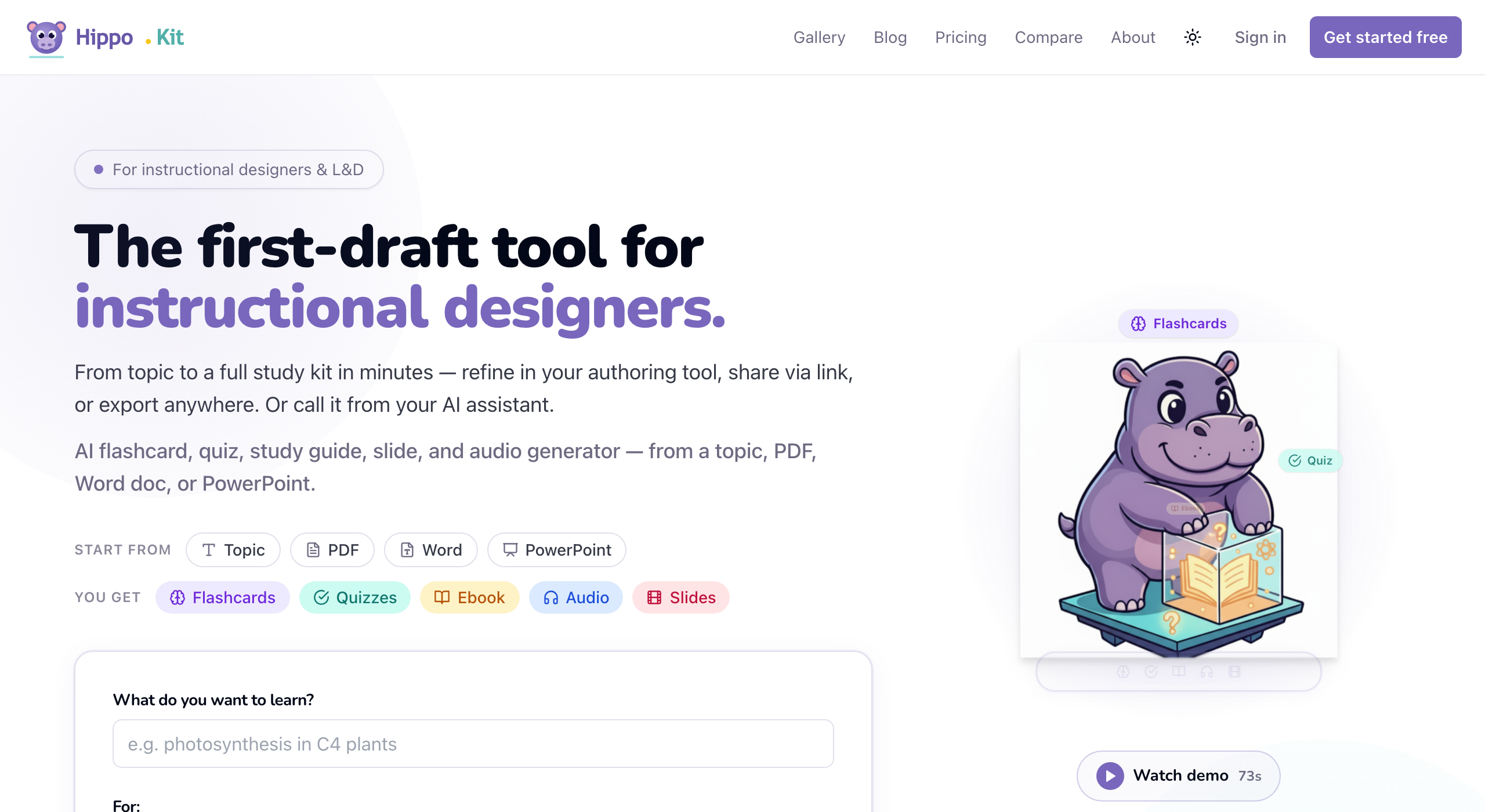 The HippoKit homepage hero, where you type a topic or upload a PDF, Word, or PowerPoint file to generate a five-format study kit.