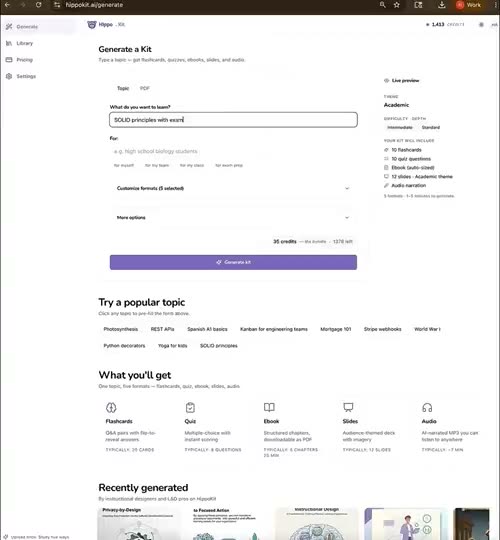HippoKit demo: the generate form with a topic entered